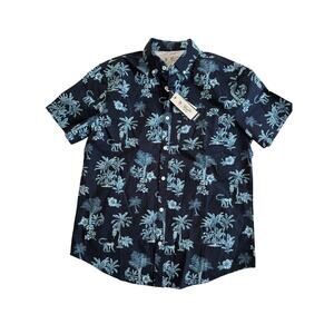 Mens Penguin Navy tropical print short sleeve button down sz M